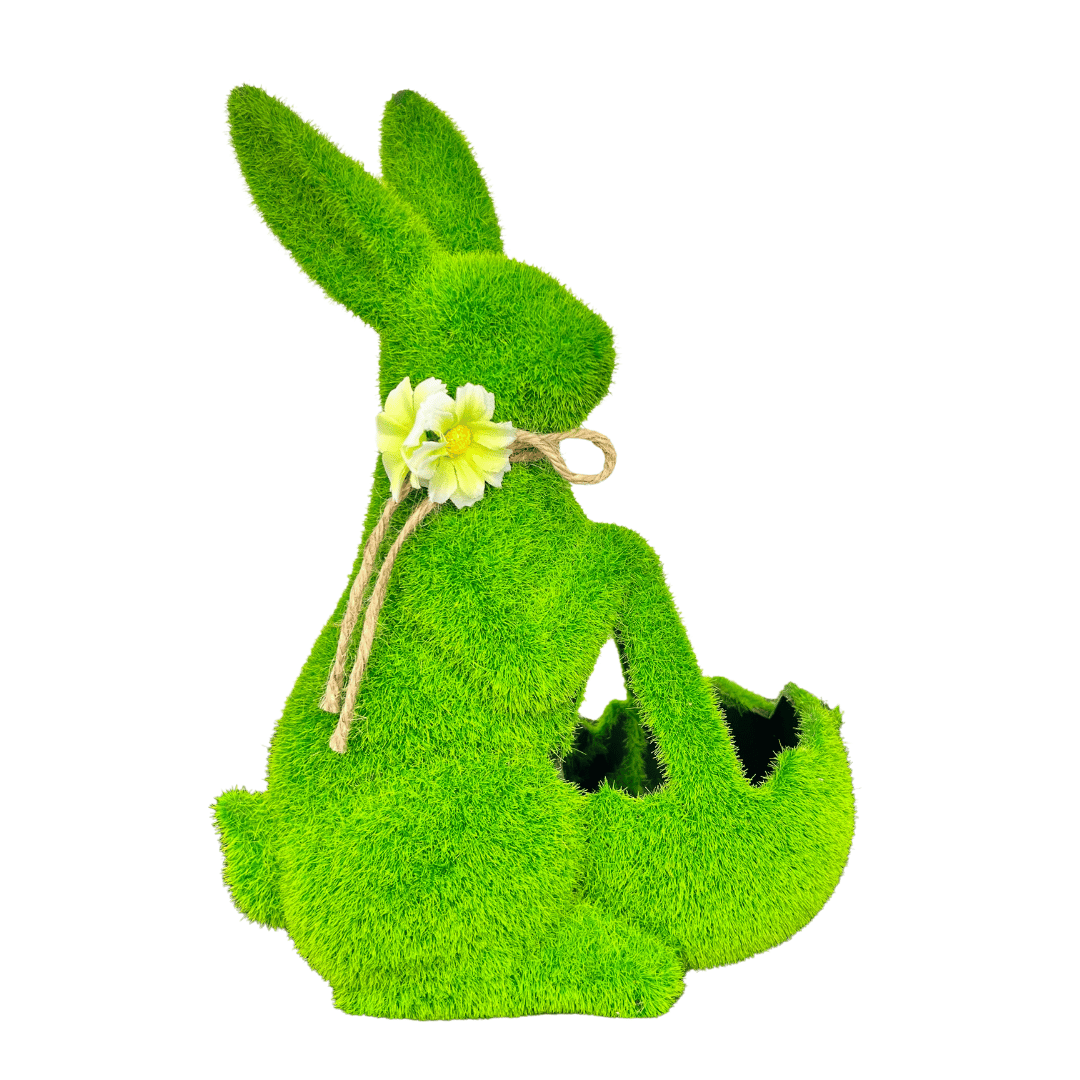 Coelho Musgo Verde De Resina Com Cesta 27cm