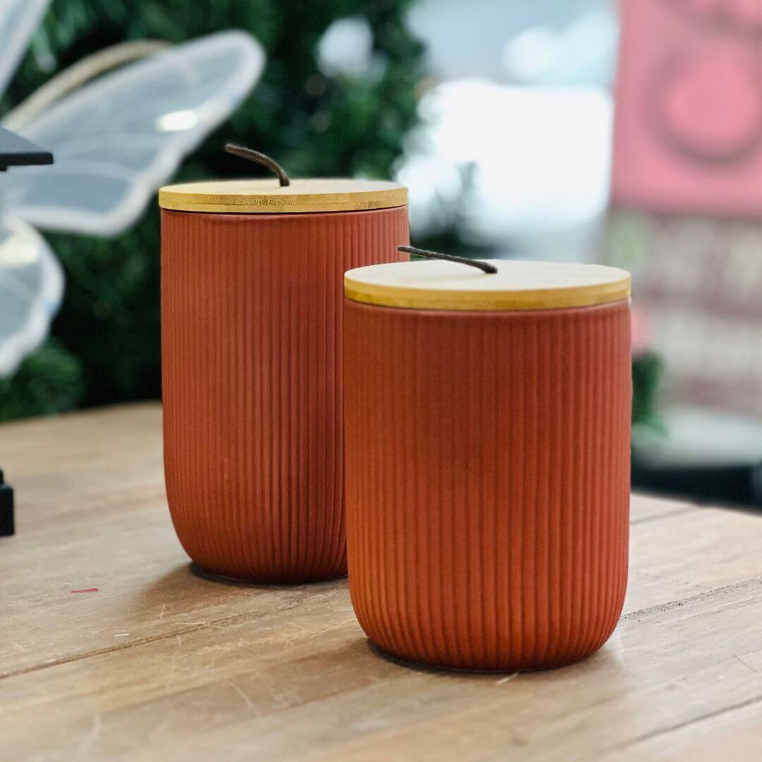 Potiche de Cerâmica Decorativo Com tampa Em Bambu e Pegador de Corda Lines Terracota - 10x10x15