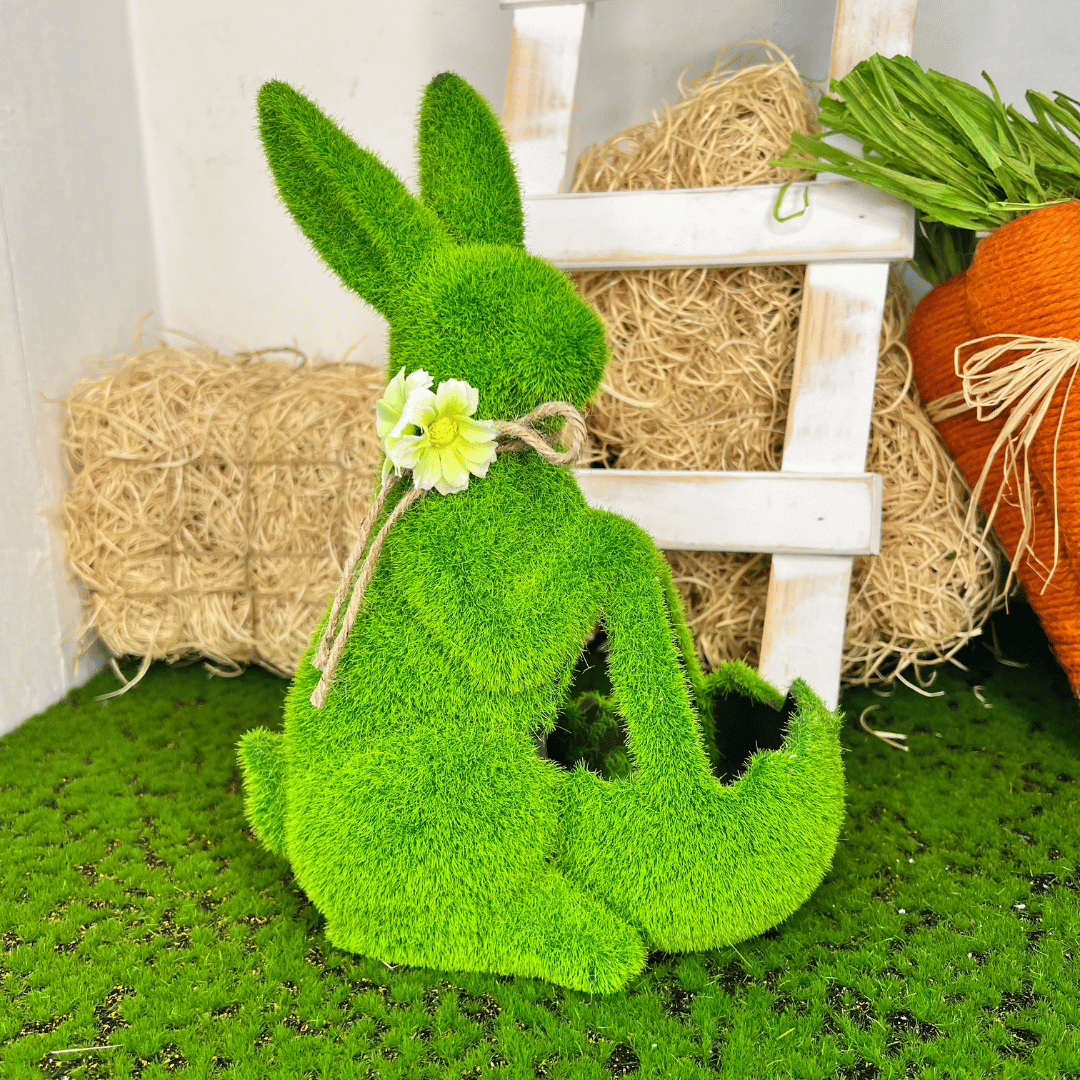 Coelho Musgo Verde De Resina Com Cesta 27cm