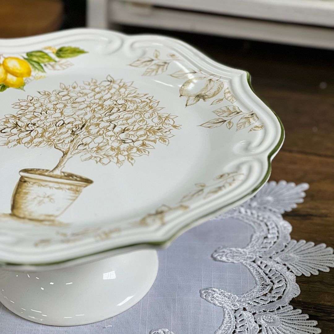 Prato Para Bolo Com Pé Toscana Branco Limão Siciliano - 33cm