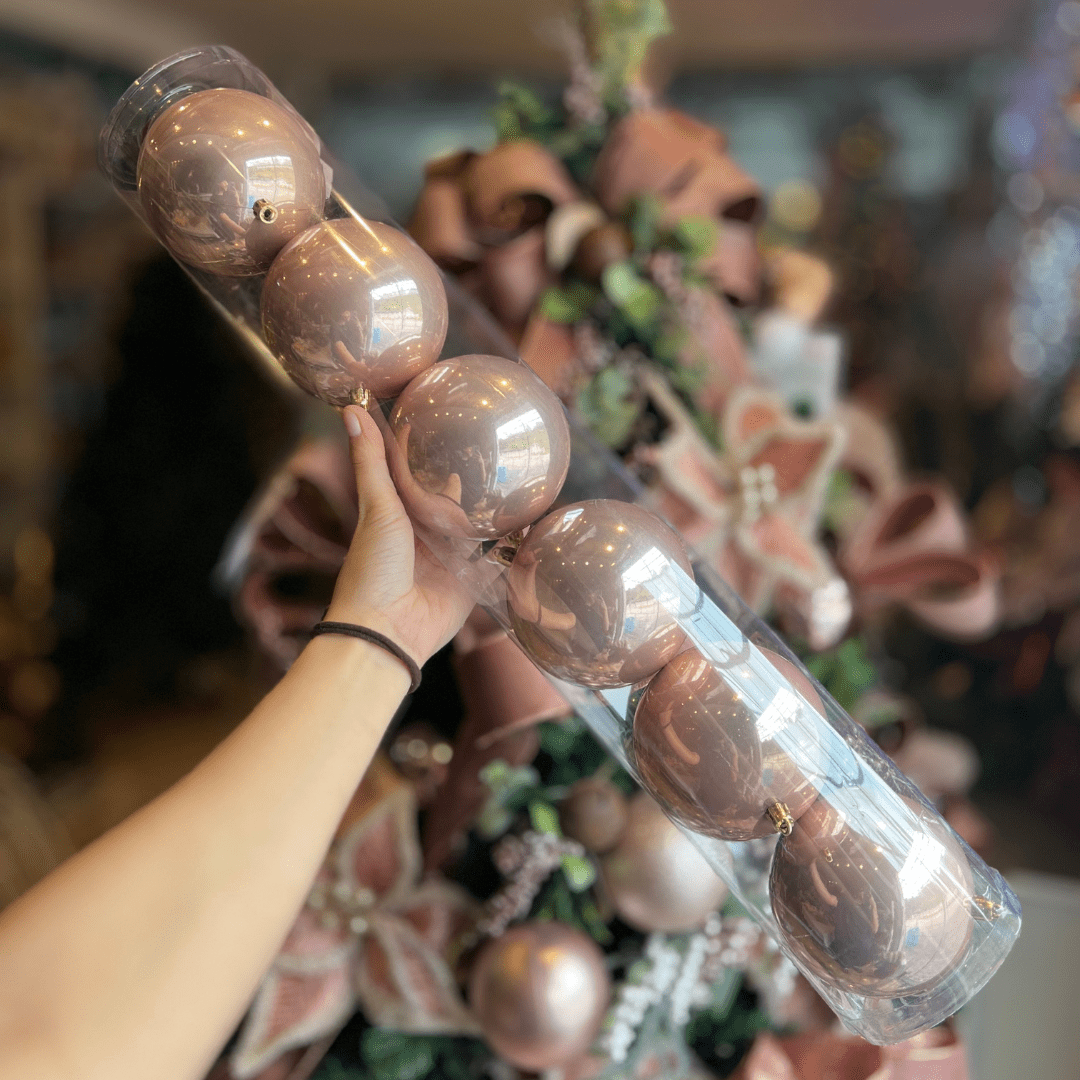 Jogo Com 6 Bolas Natalinas Peroladas Rosa 10cm