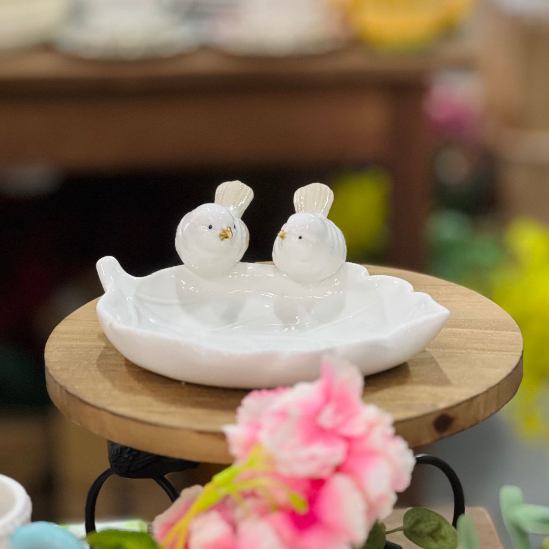 Petisqueira de Folha Branca Com 2 Passarinhos Porcelana - 19cm