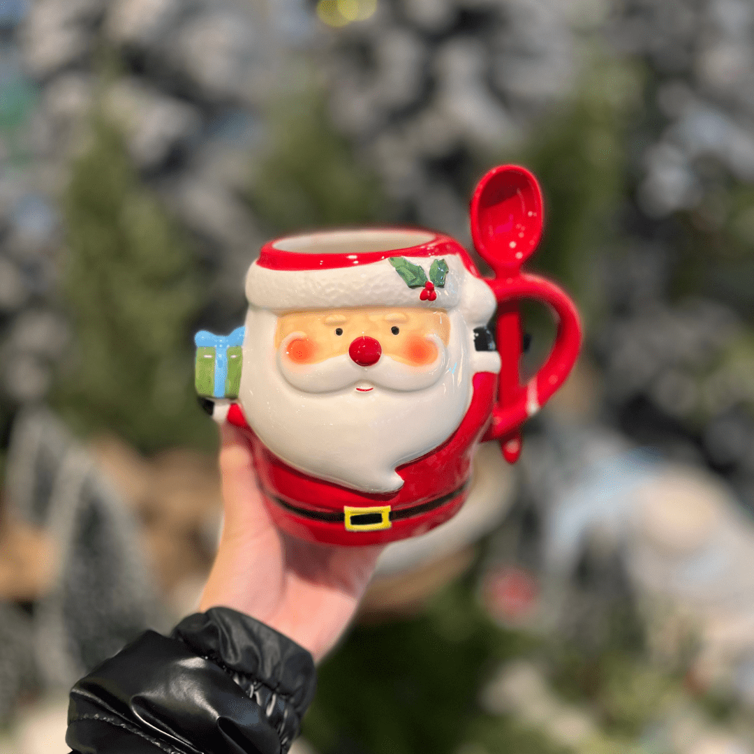 Caneca de Cerâmica Com Colher Papai Noel 300ml 15cm