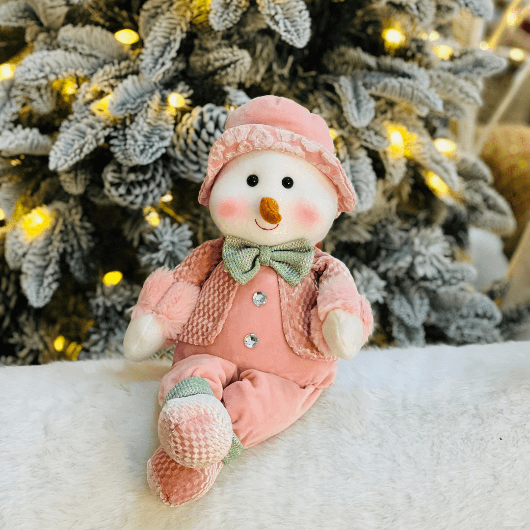 Boneco de Neve Natalino Rosa e Verde de Pelúcia 38cm