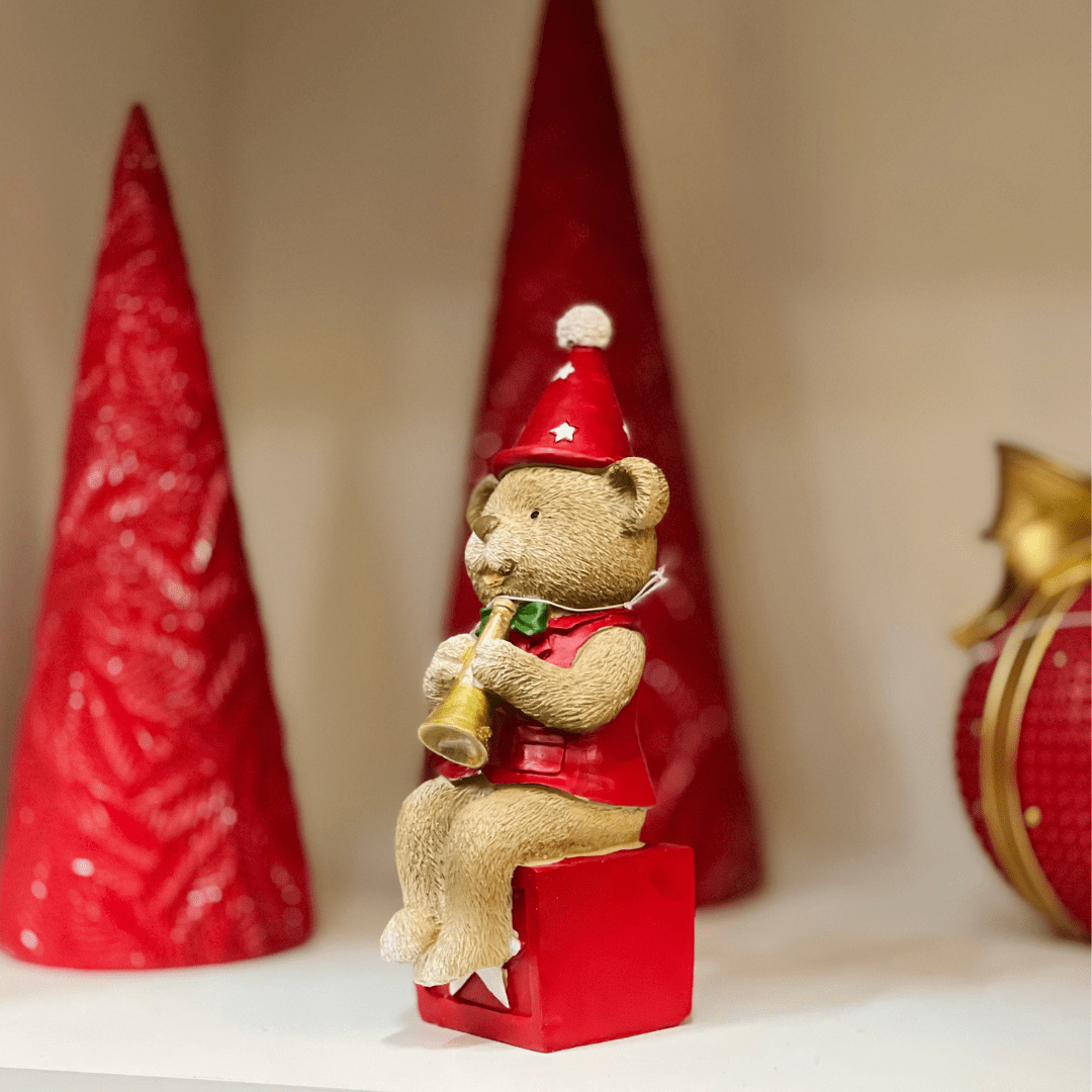 Urso Natalino de Resina Trompetista 20x9cm