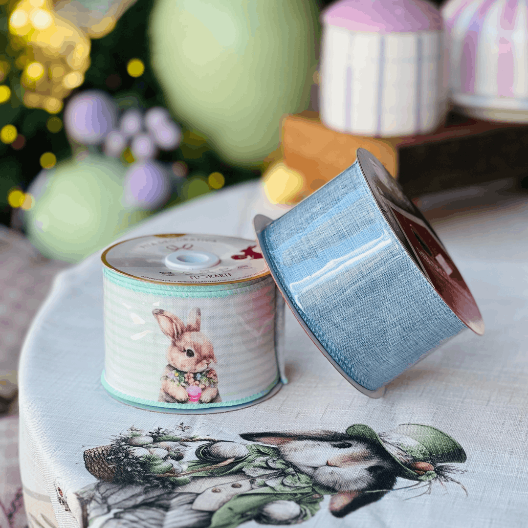 Fita de Páscoa Aramada Coelho Com Listras Verdes 6,3cm x 9,14m