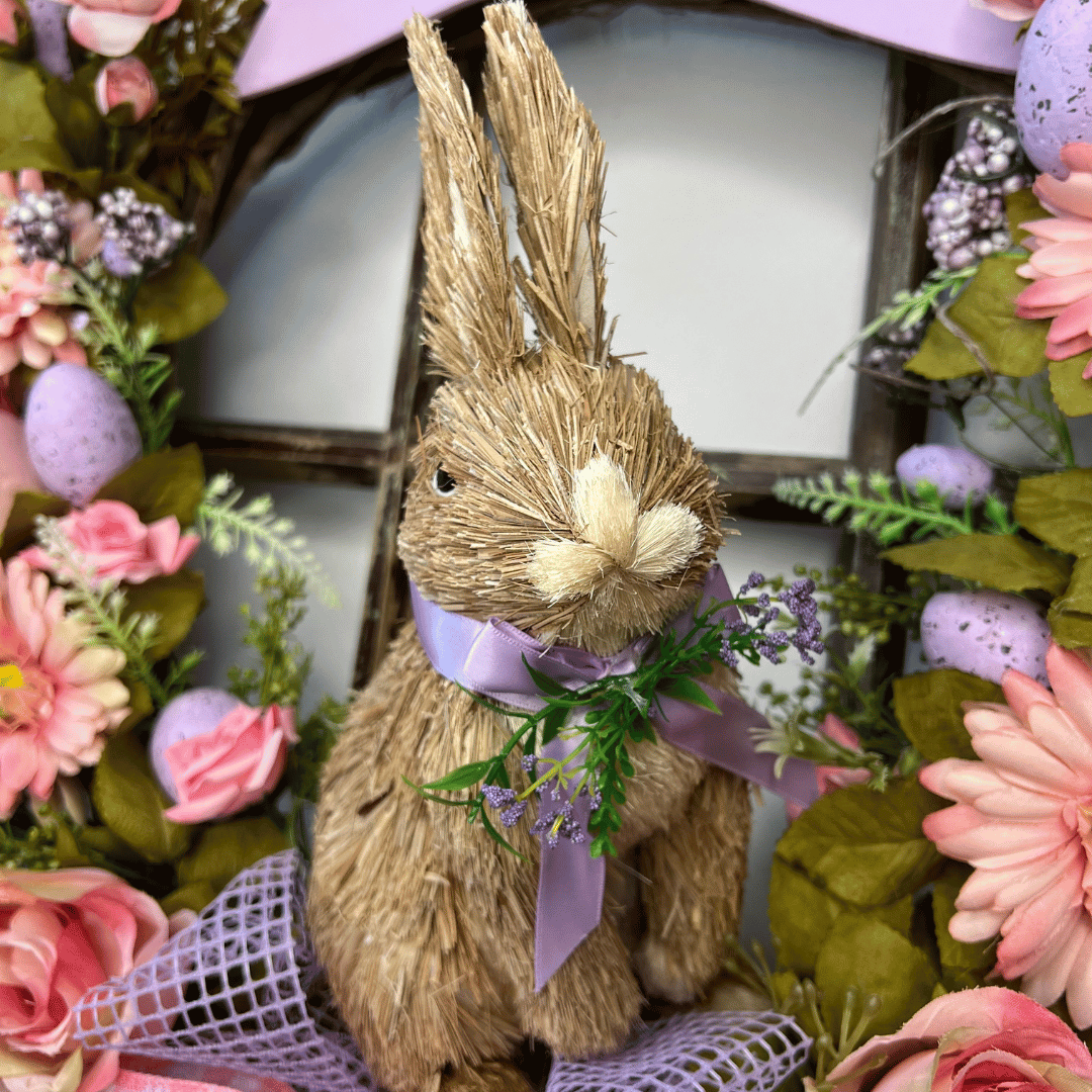 Guirlanda Feliz Páscoa Lilás com Coelho de Palha 55cm