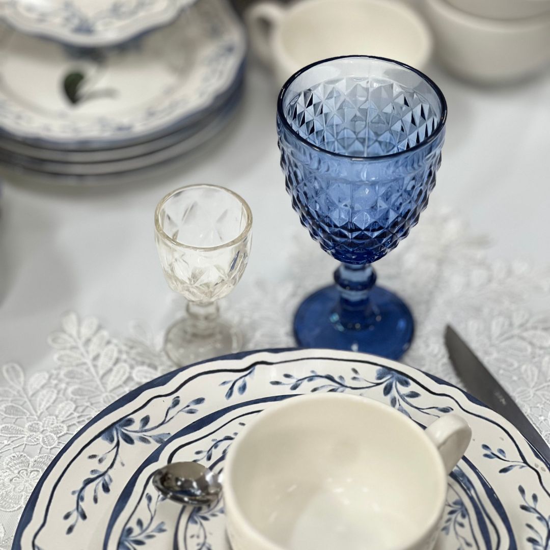 Conjunto de 6 Taças Para Água de Vidro Bico de Abacaxi - Azul 325ml