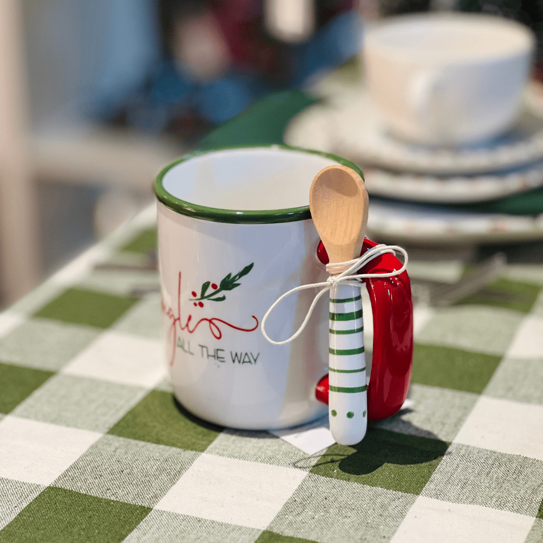 Caneca Natalina de Cerâmica Com Colher Jingle All The Way 500ml 15cm