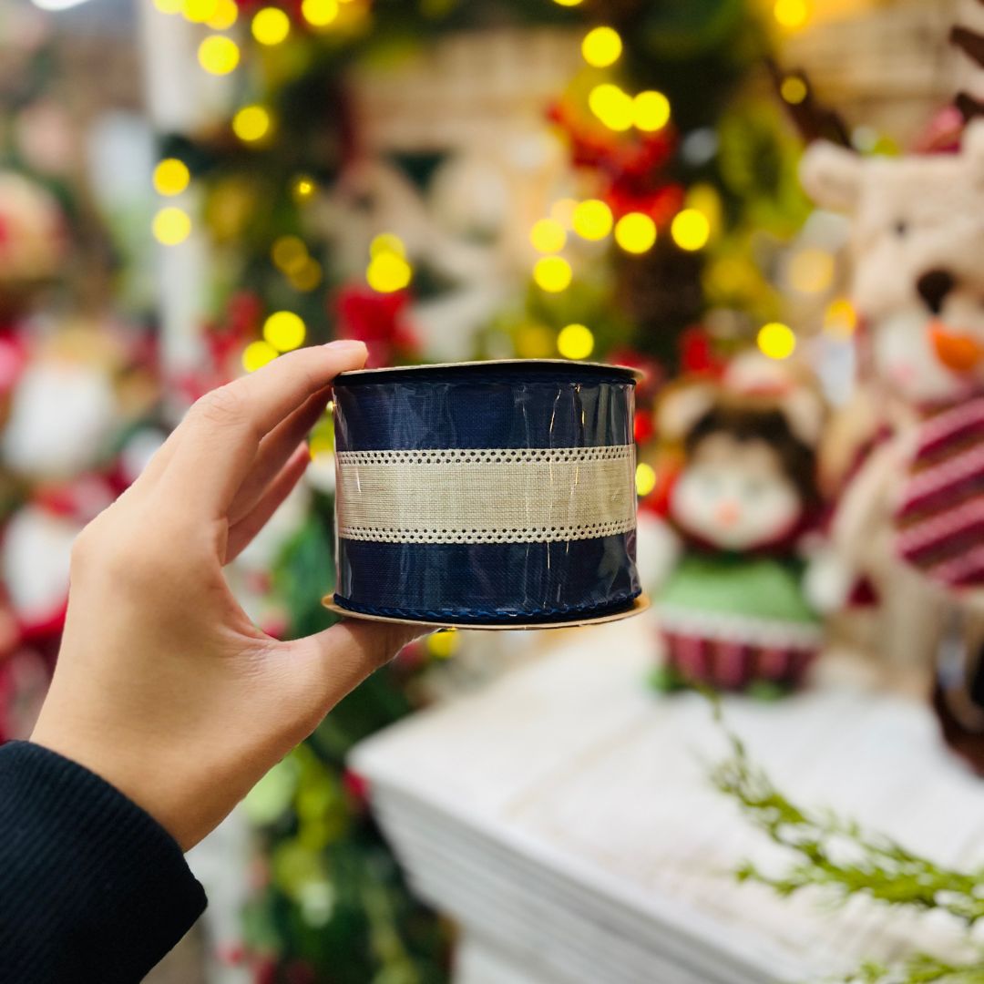 Fita Natalina Bege e Azul - 6.3cmx9.14m