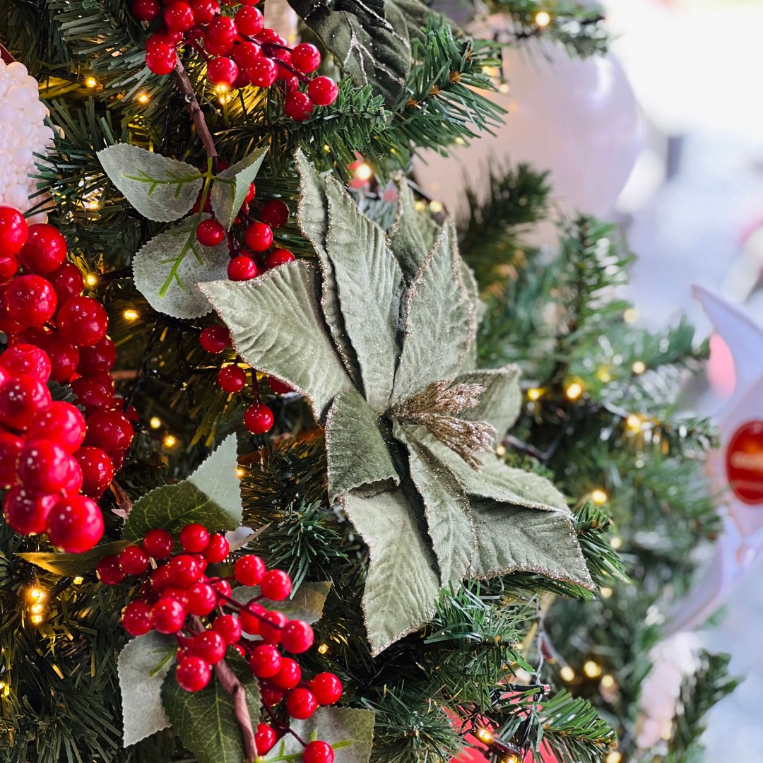 Poinsetia Verde Com Glitter - 55cm
