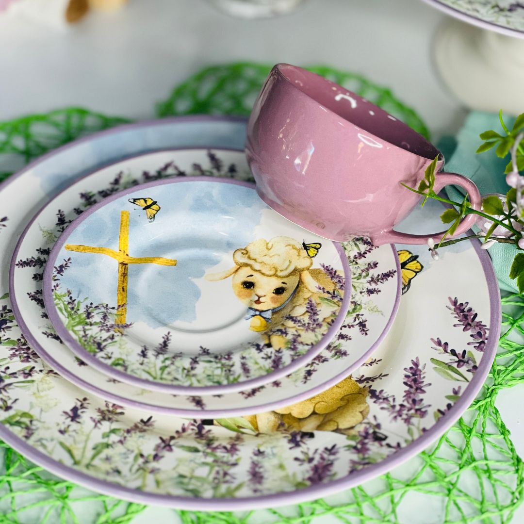 Conjunto com 6 Xícaras de Chá com Pires Blessed Easter Páscoa - 250ml