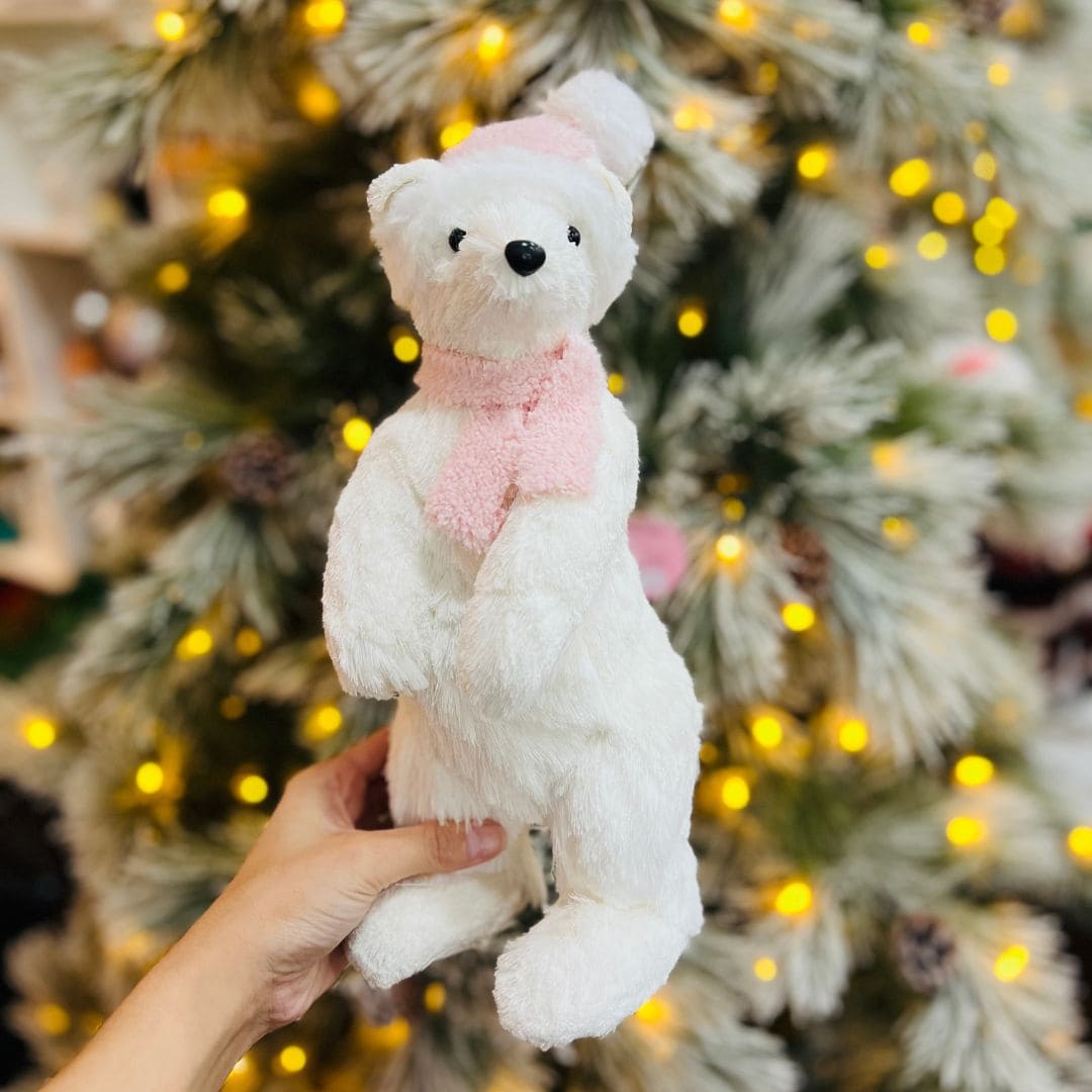 Urso de Natal Branco e Rosa Em Pé de Sisal 36cm