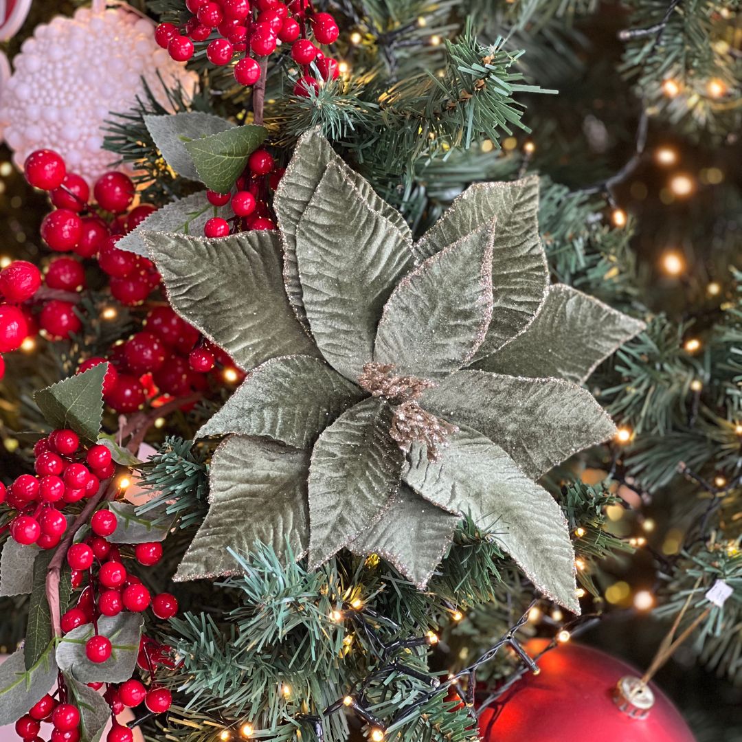 Poinsetia Verde Com Glitter - 55cm