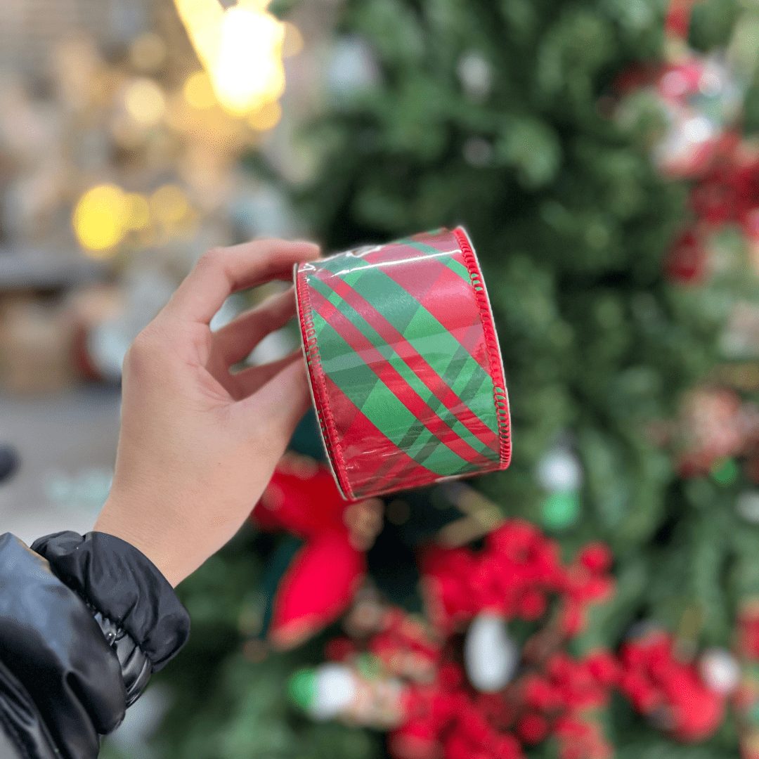 Fita Natalina Aramada Xadrez Vermelho e Verde 6,3cm x 9,14m