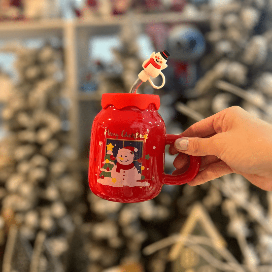 Caneca Natalina Boneco de Neve Vermelha Com Tampa e Canudo 420ml 18cm