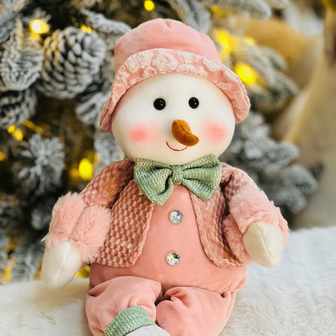 Boneco de Neve Natalino Rosa e Verde de Pelúcia 38cm