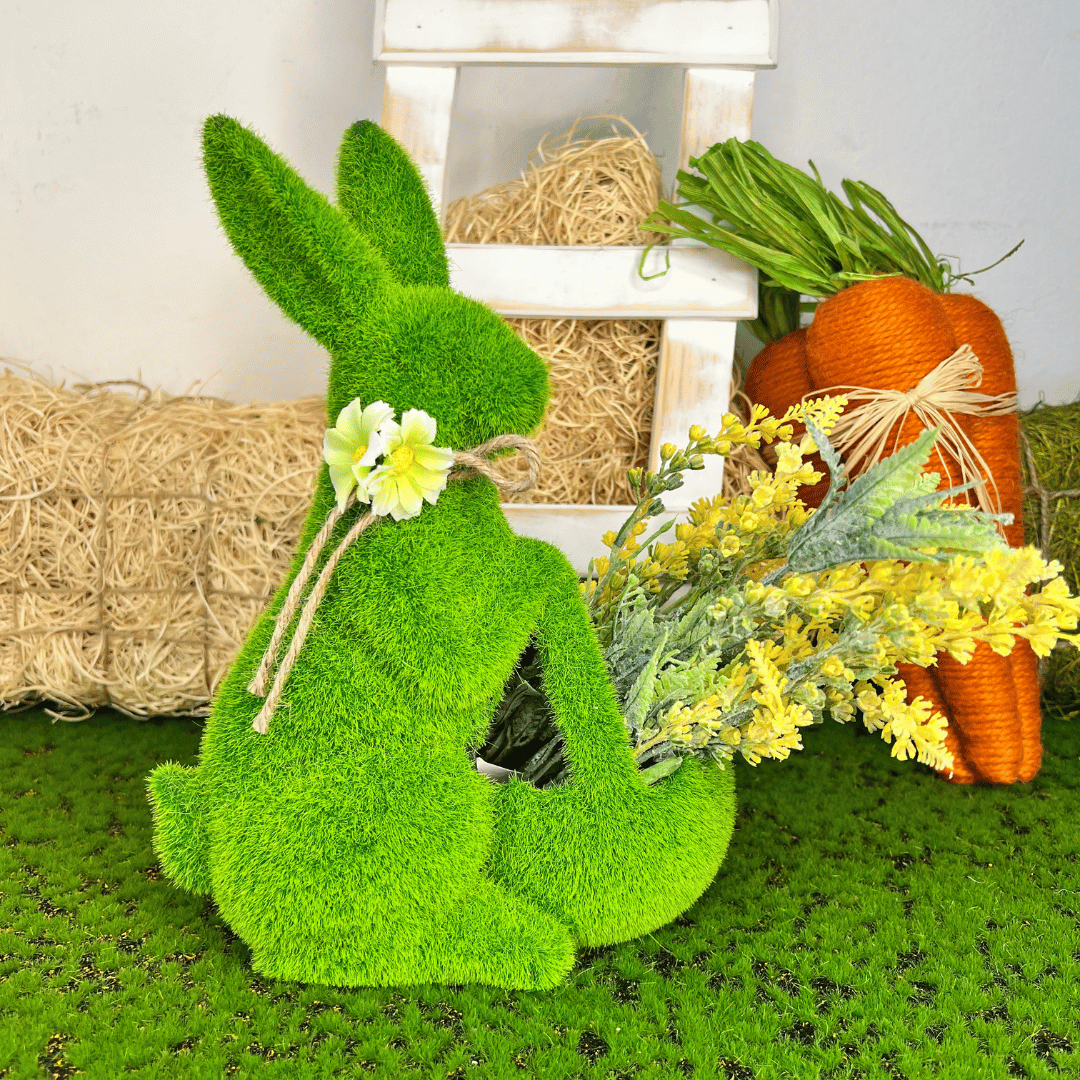 Coelho Musgo Verde De Resina Com Cesta 27cm