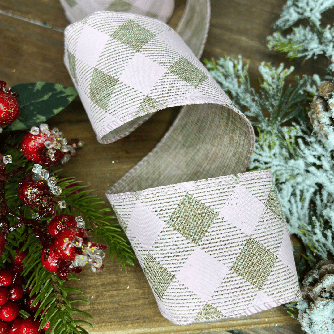 Fita Decorativa Aramada de Tecido com Costura Xadrez Bege Rosa 6,3cmX9,14m