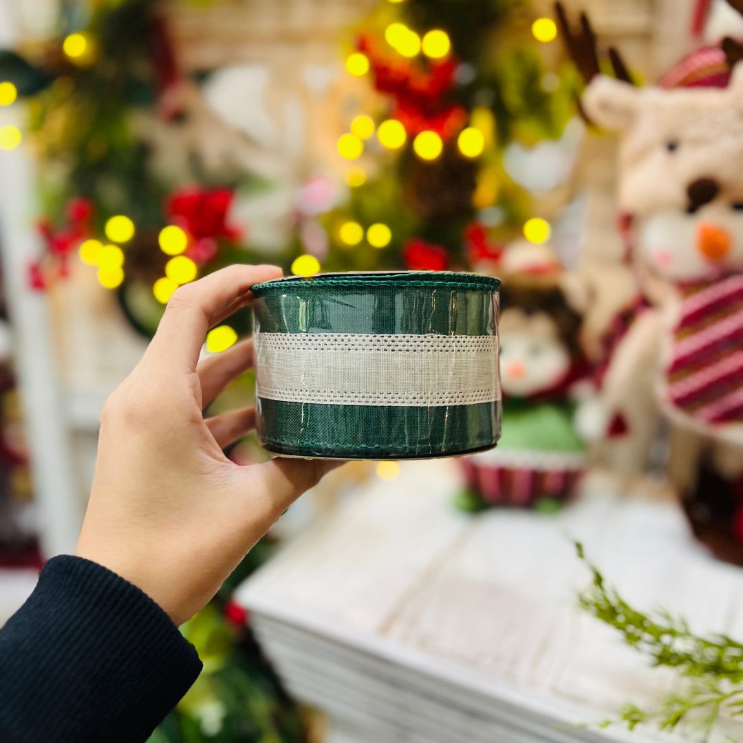 Fita Natalina Verde Com Bege - 6,3cmx9.14m