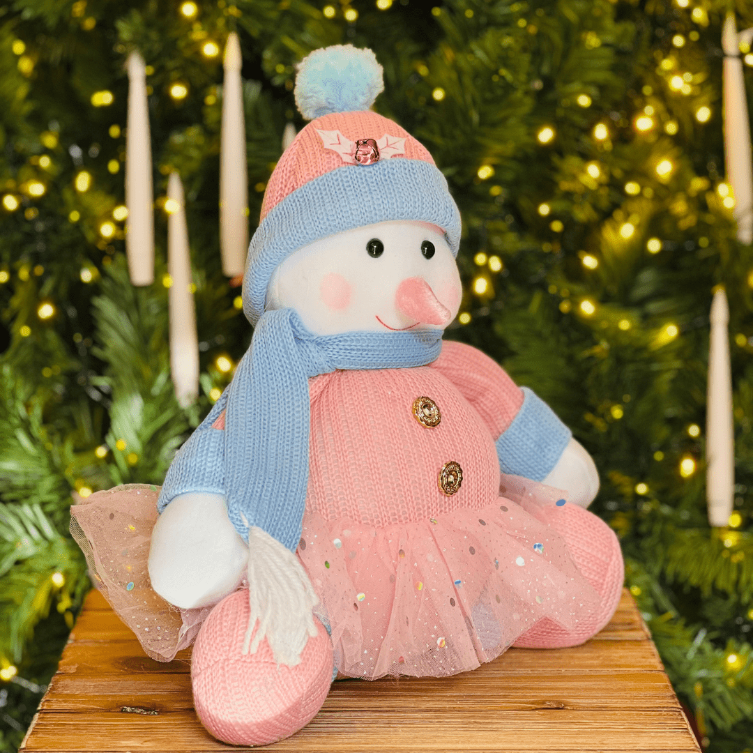 Boneco de Neve Natalino Sentado Rosa e Azul 36cm