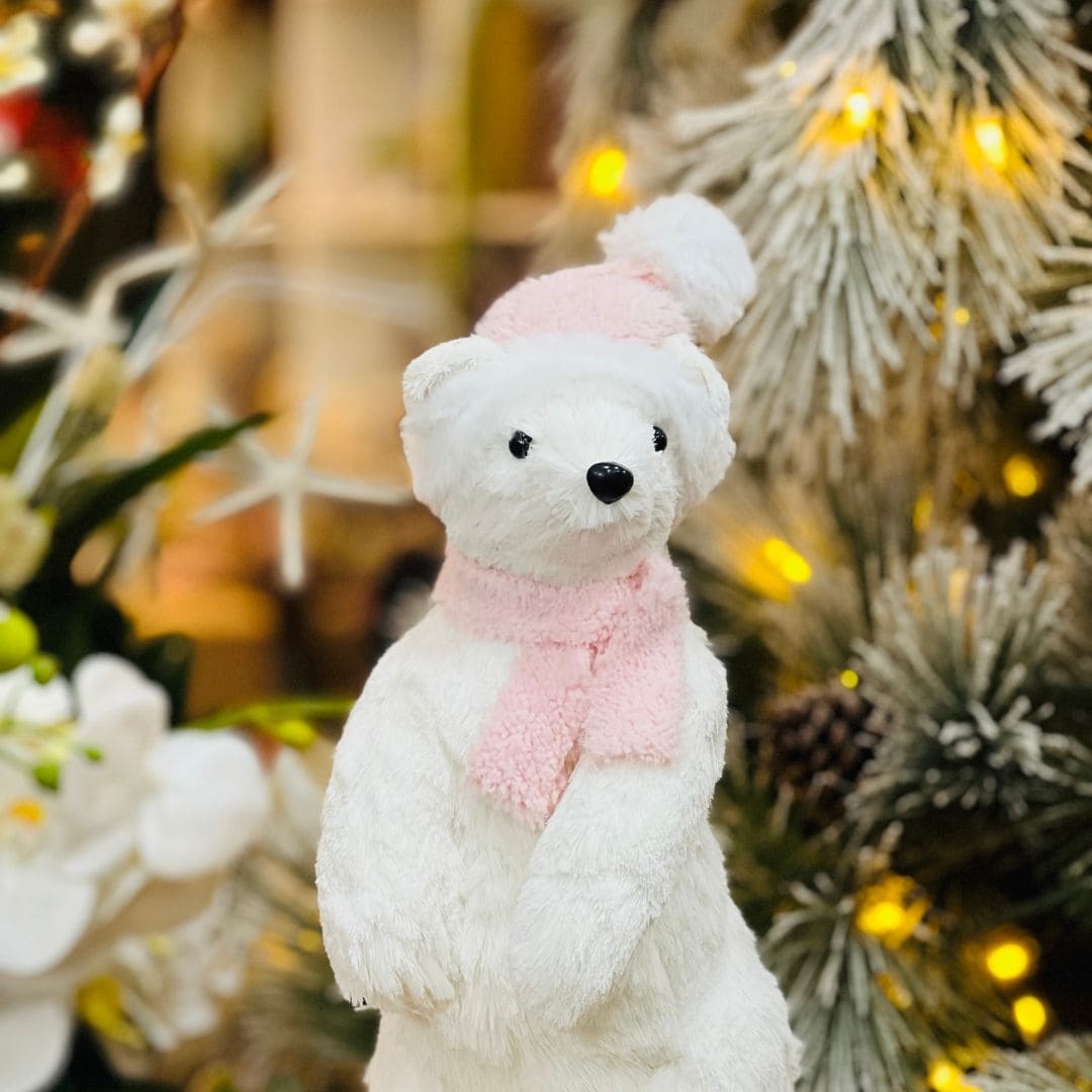 Urso de Natal Branco e Rosa Em Pé de Sisal 36cm