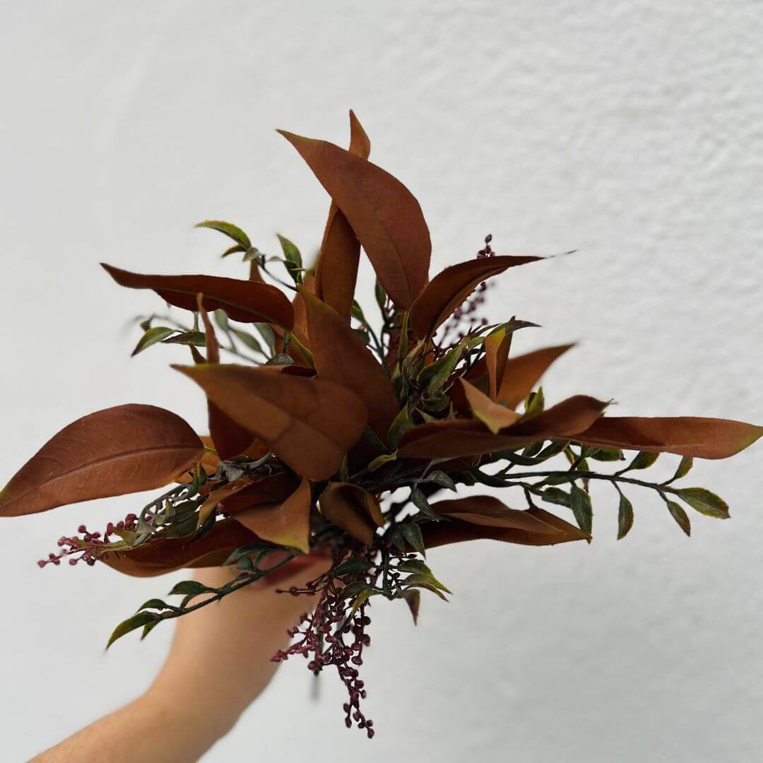 Ramalhete de Folhas Mistas com Fita 5 Hastes - Ocre Outono – 36cm