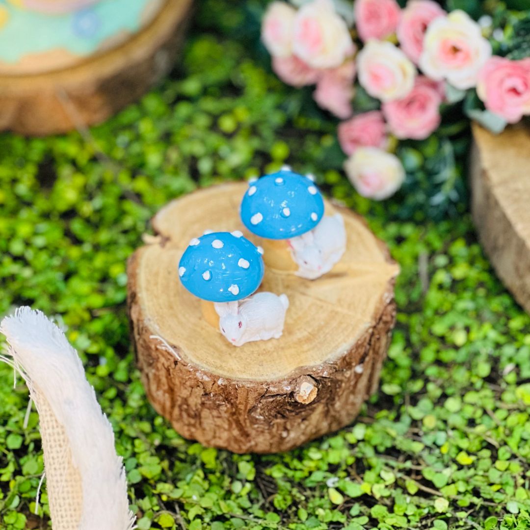 Jogo 2 Peças Cogumelo Decorativo Com Coelho - 4,3x3,5x4cm Azul