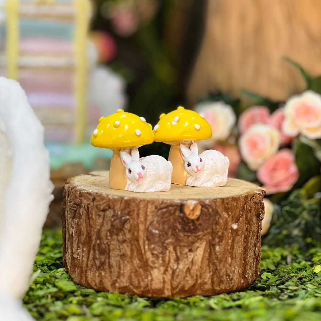 Jogo 2 Peças Cogumelo Decorativo Com Coelho - 4,3x3,5x4cm Amarelo