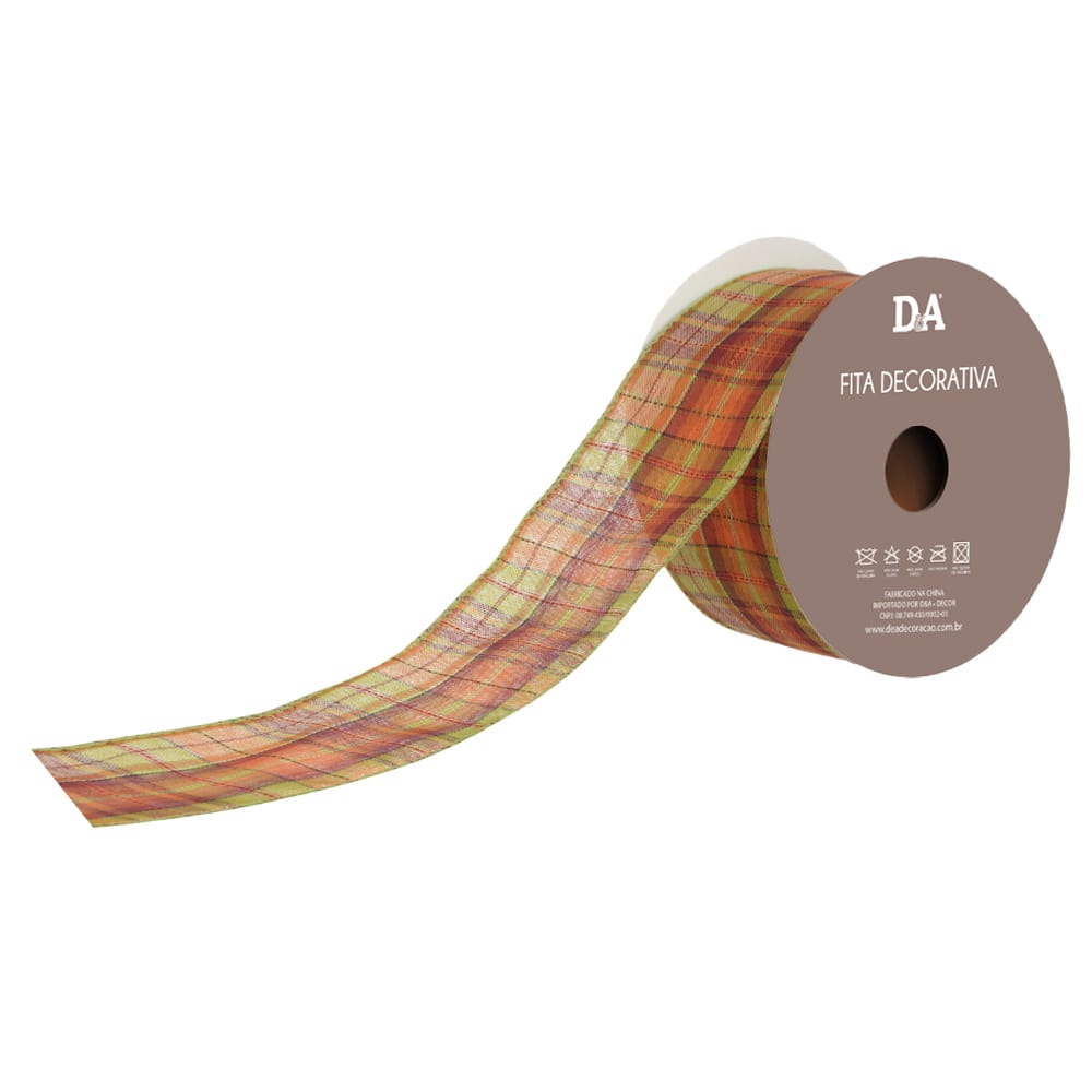 Fita Decorativa Aramada de Tecido com Costura Laranja Verde 6,3cmX9,14m