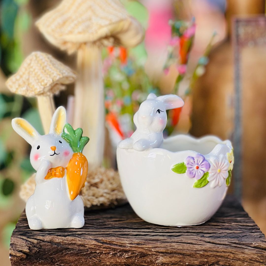 Enfeite Decorativo Cestinha Florida Com Coelho - 12,5x12x13cm