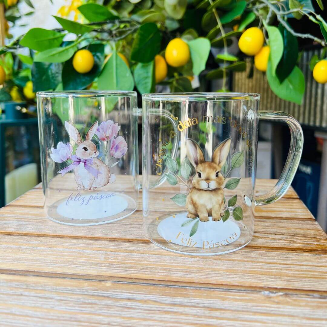 Caneca Vidro Coelhos Com Folhas - 410ml