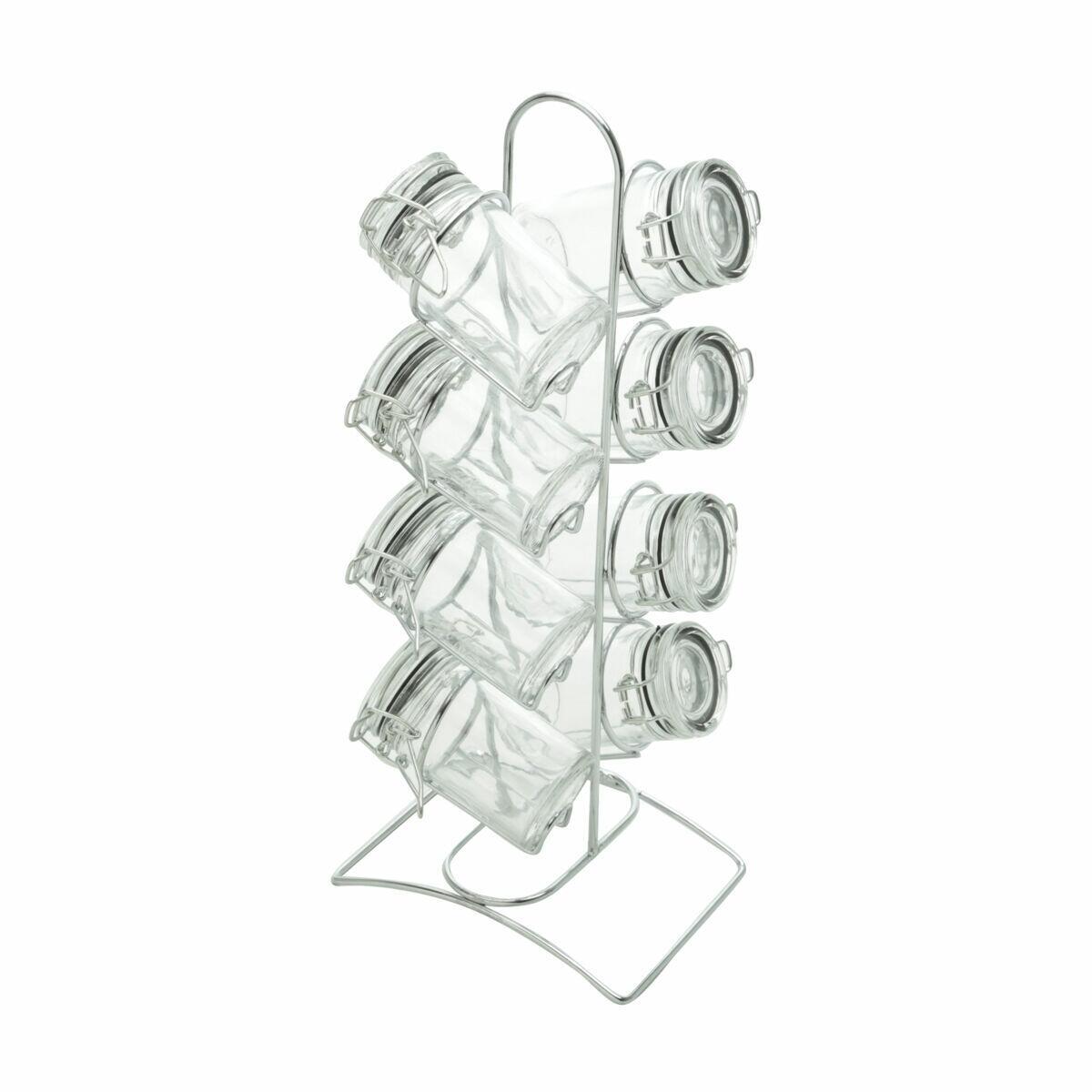 Cj 8 Potes Vidro Borossilicato Com Tampa Hermetica e Suporte de Metal Cromado 65ml