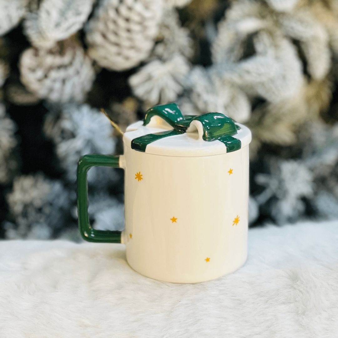 Caneca Natalina Rena Com Colher e Tampa de Cerâmica 300ml