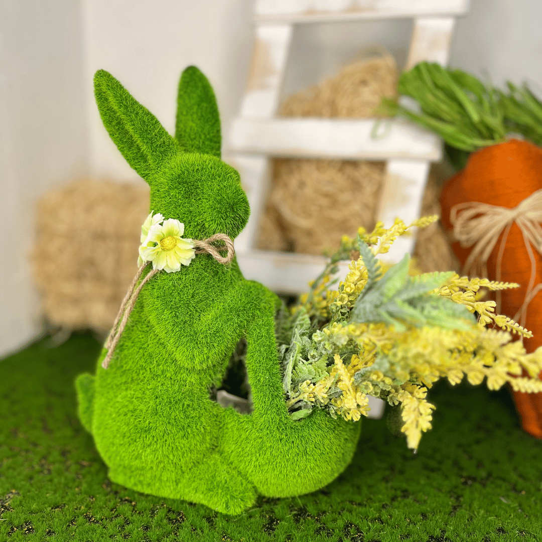 Coelho Musgo Verde De Resina Com Cesta 27cm