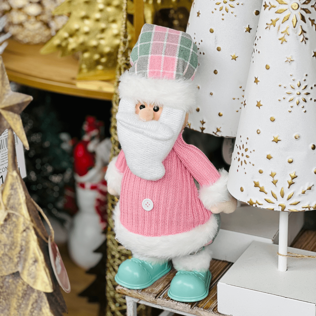 Papai Noel Rosa e Verde Com Led e Movimento 38cm