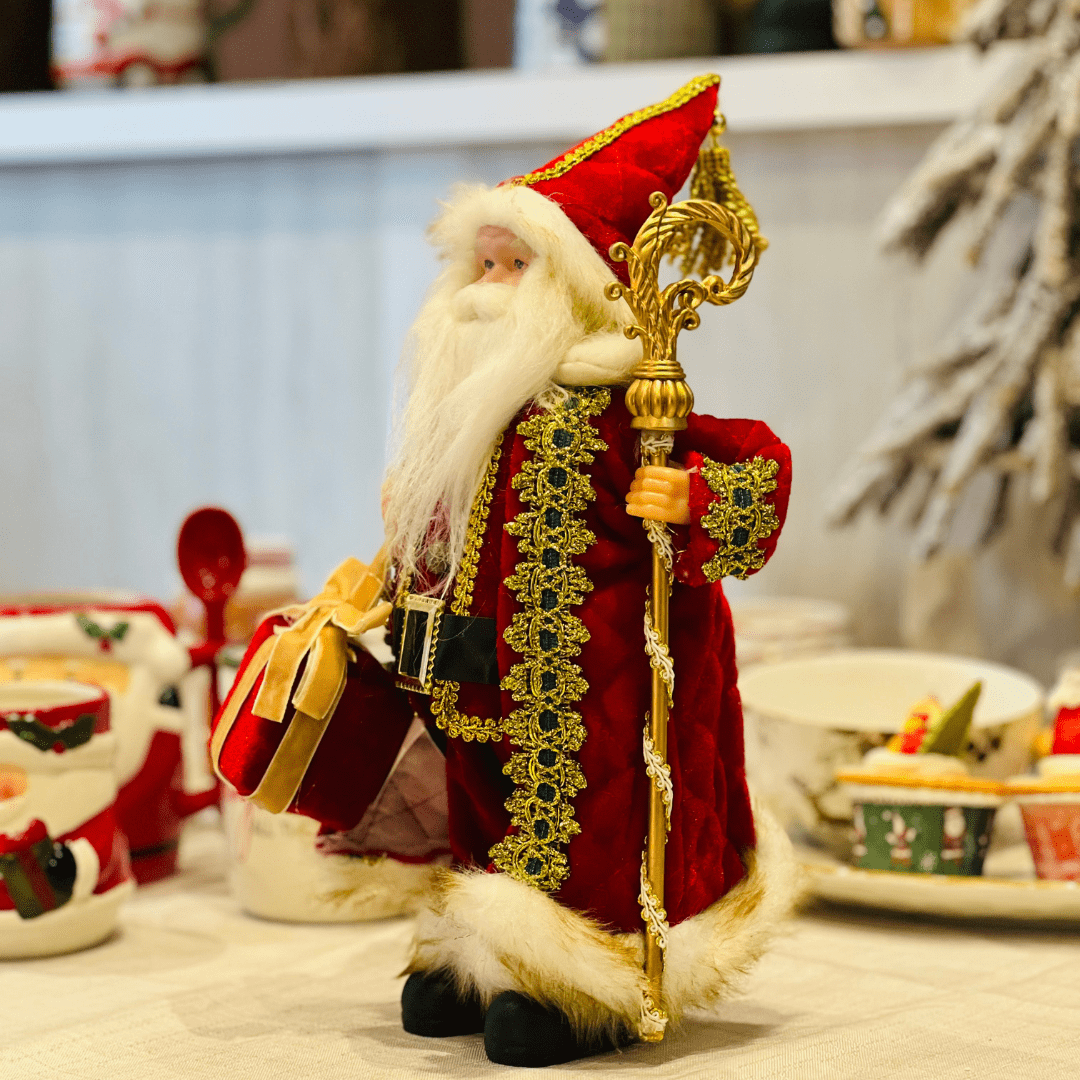 Papai Noel Em Pé Com Cajado Vermelho e Dourado 30cm