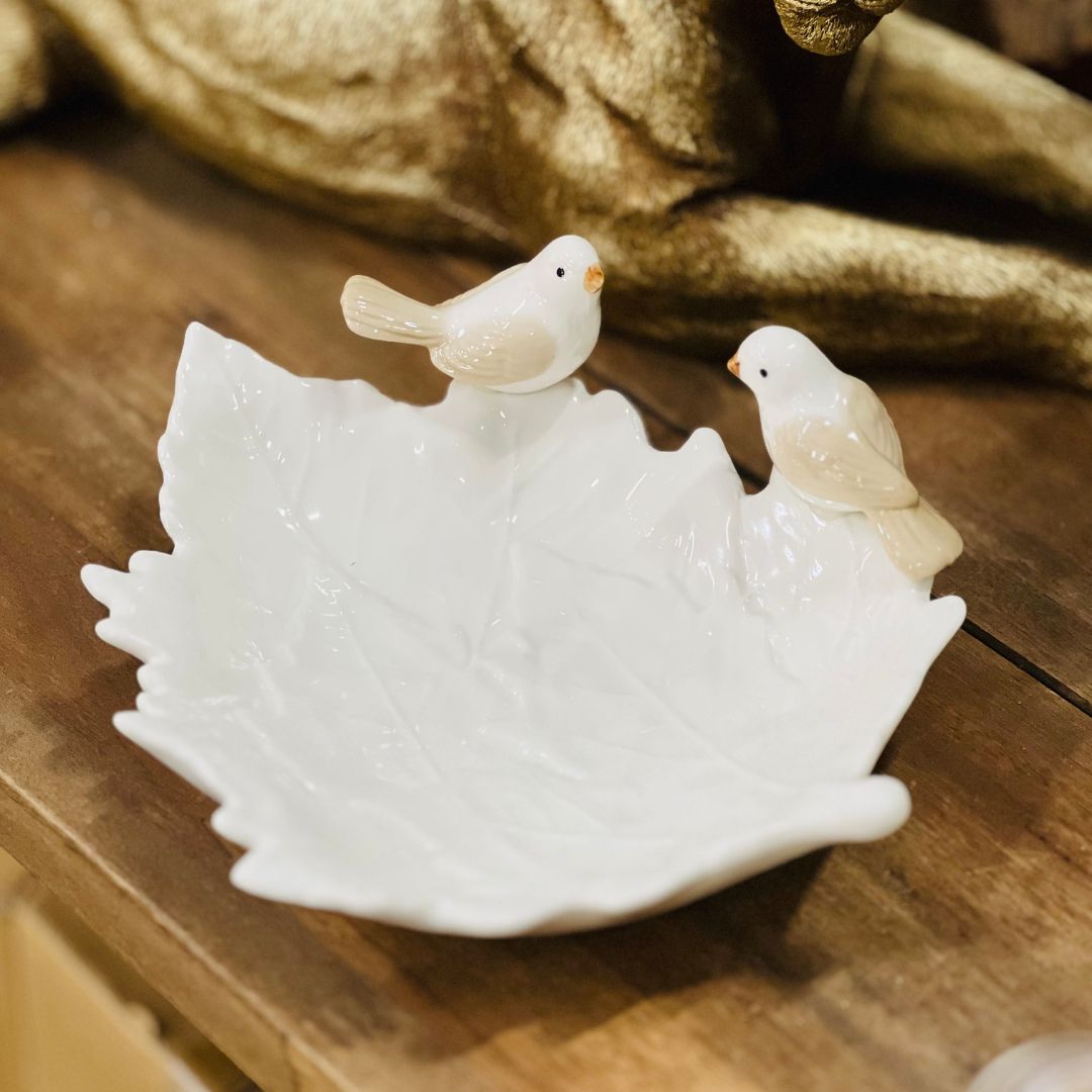 Decoração de Folha Com Pássaro - 22cm Branco