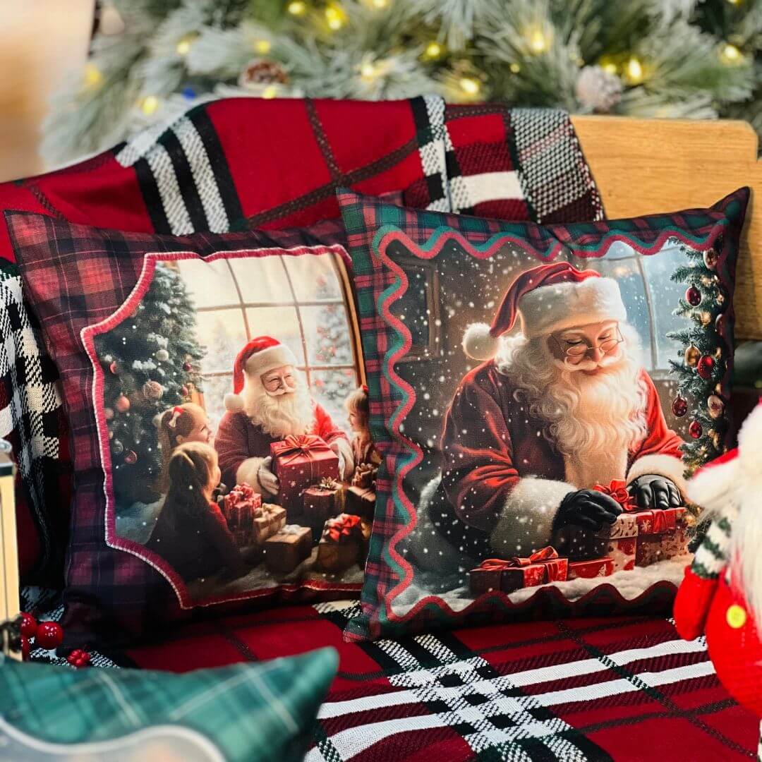 Capa Natalina Noel Com Crianças e Presentes - 43cmx43
