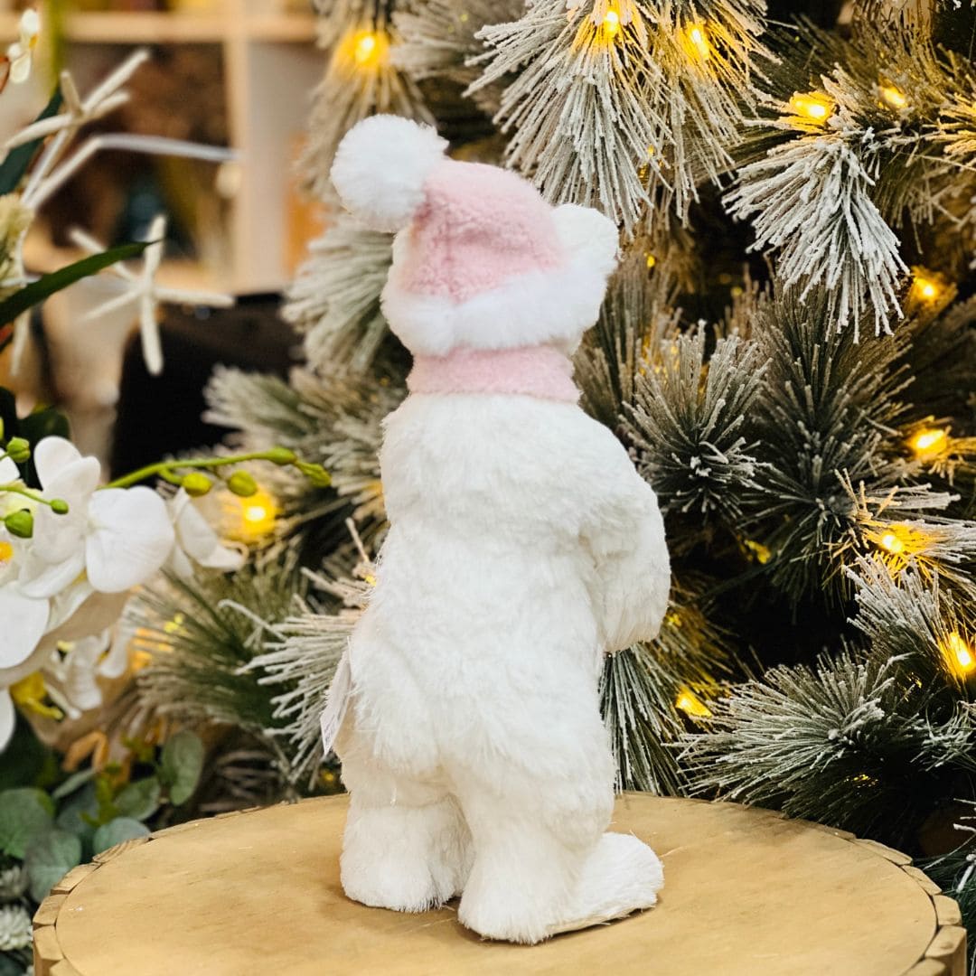 Urso de Natal Branco e Rosa Em Pé de Sisal 36cm