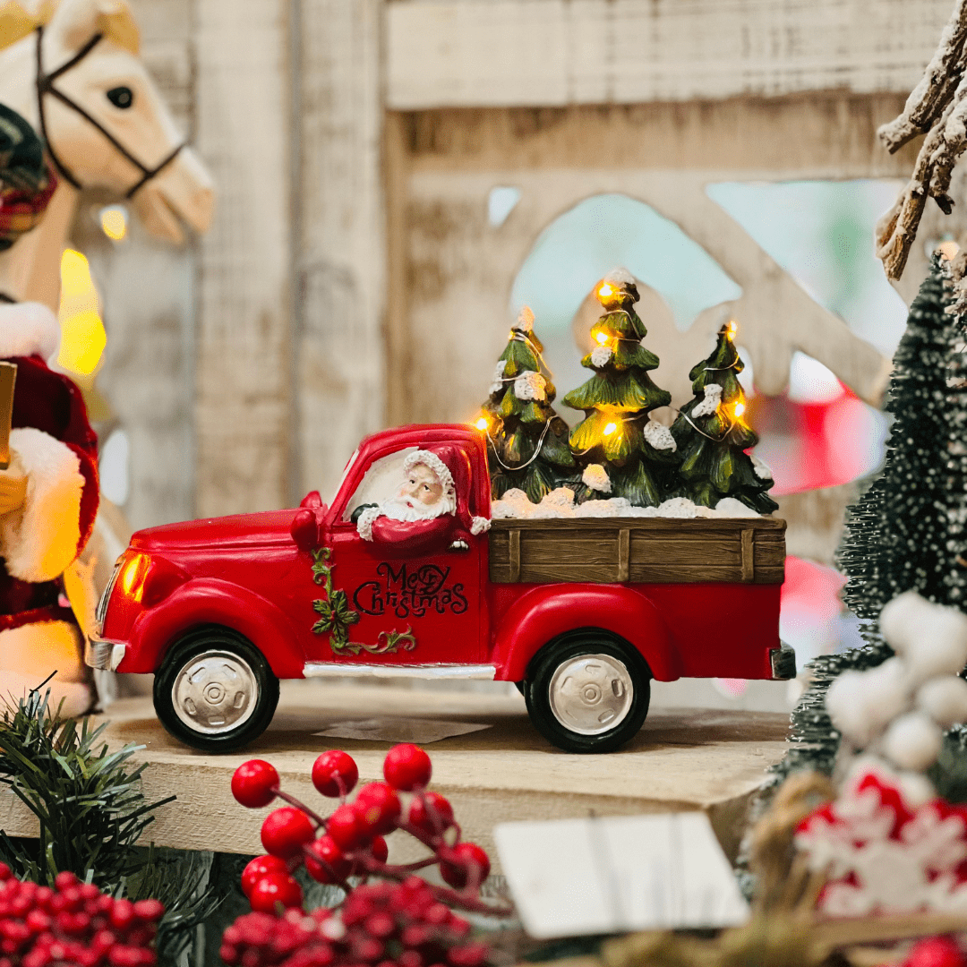 Carro Natalino Vermelho Com Led de Resina 18x26x12cm