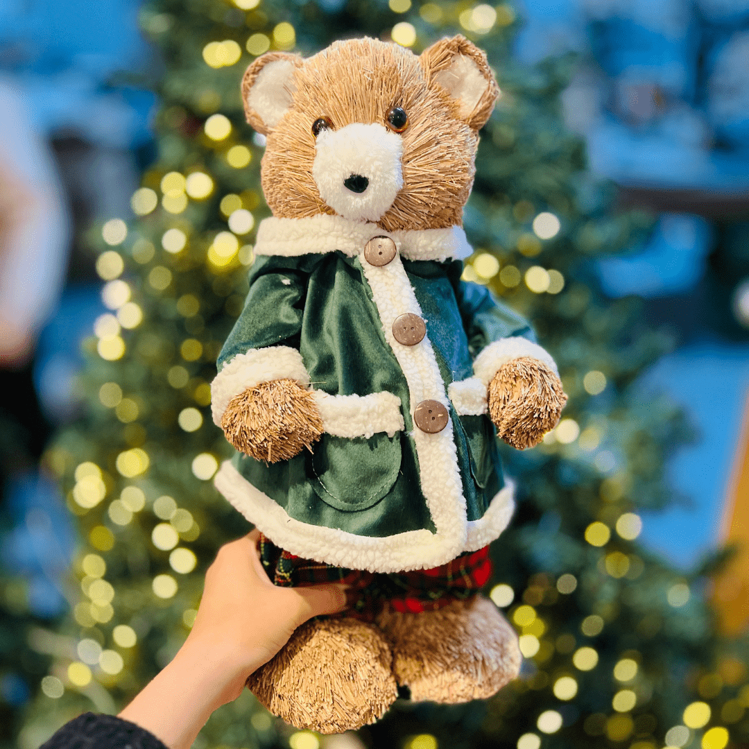 Urso Natalino Com Casaco de Veludo Verde 42cm
