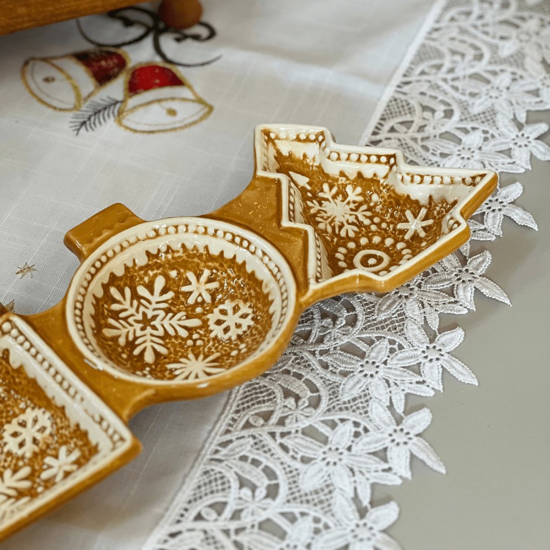 Petisqueira Natalina Gingerbread 3 Divisórias de Cerâmica 33x14x4cm