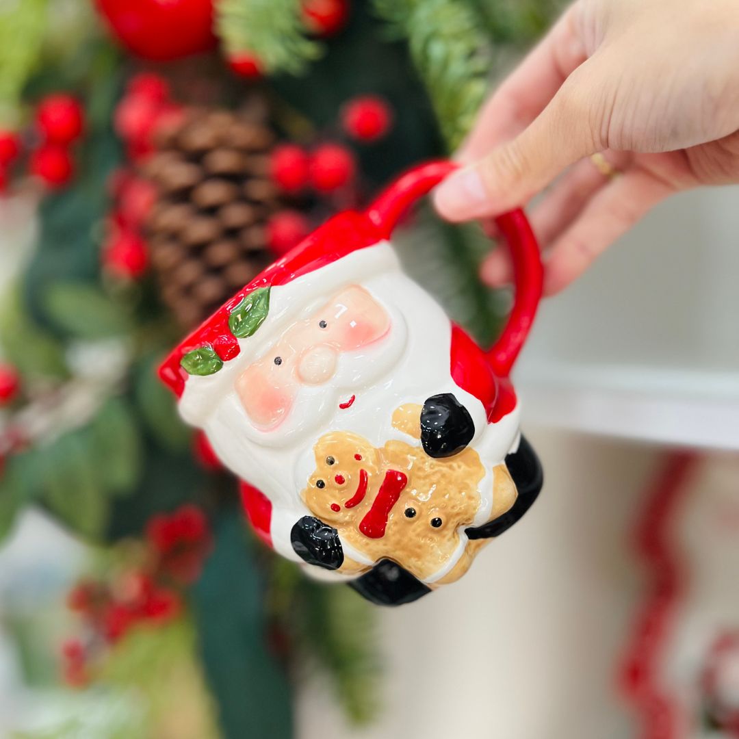 Caneca Papai Noel com Ginger de Cerâmica - 12,5x8,5x10cm