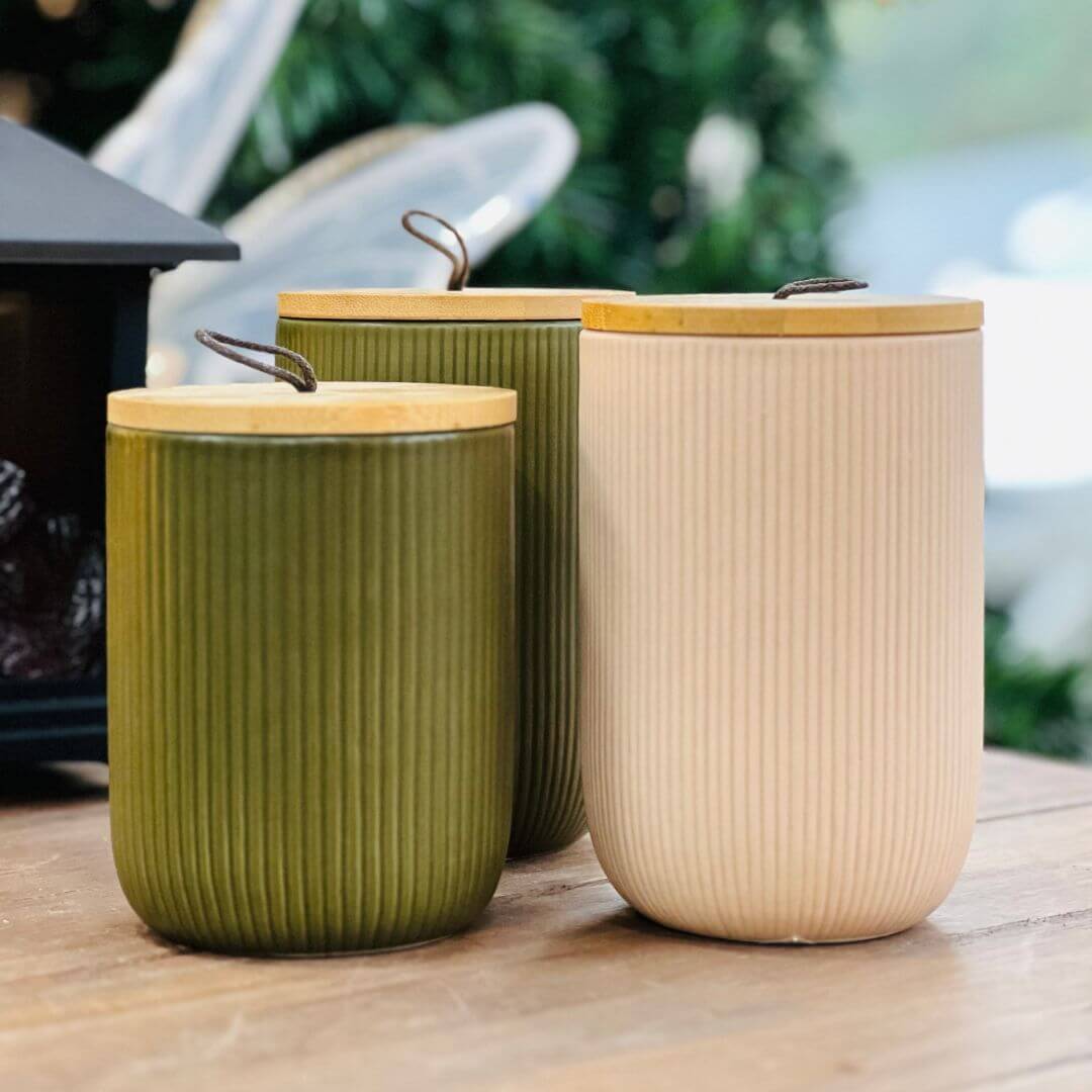 Potiche de Cerâmica Decorativo Com Tampa Em Bambu e Pegador de Corda Lines Verde - 10x10x12,5cm