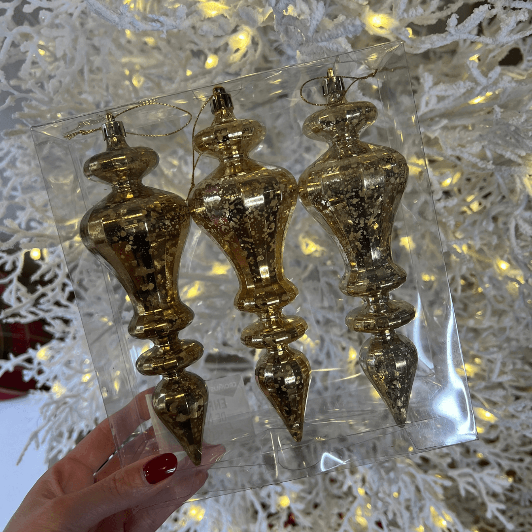 Enfeite Pendente Pino Champanhe, Ouro e Ouro Velho – 20cm | 3 Peças