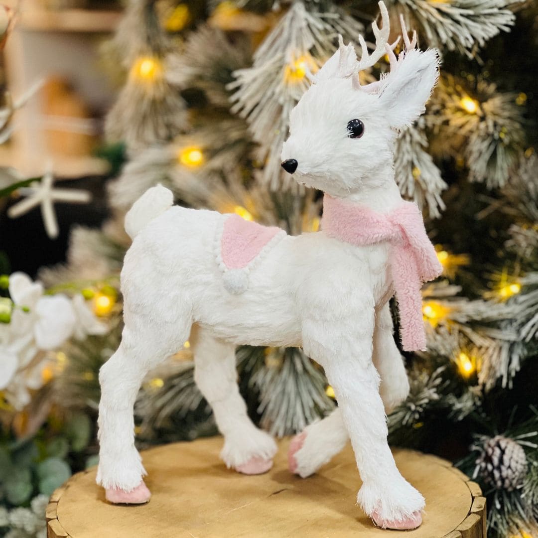 Rena de Natal Branco e Rosa Em Pé de Sisal 43cm
