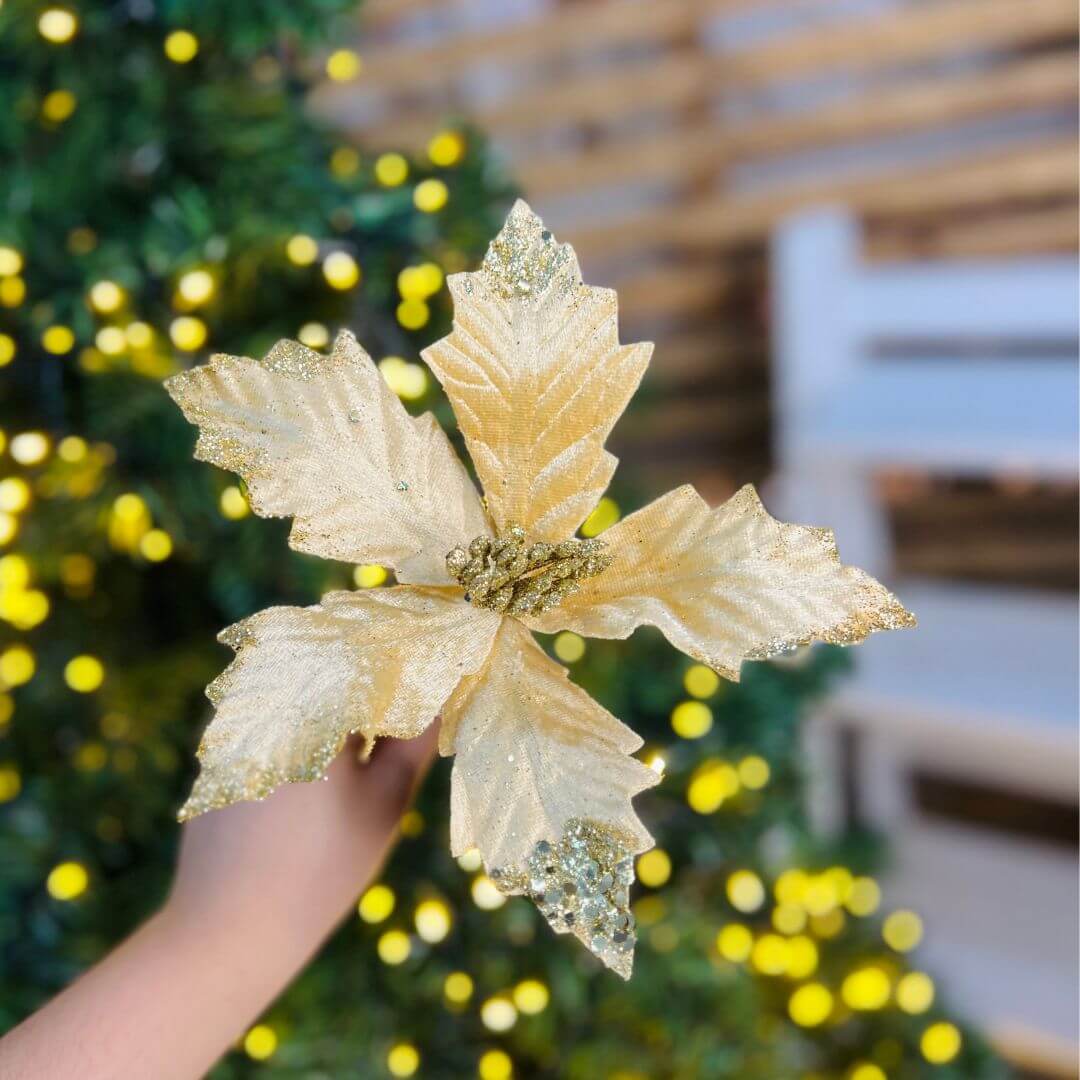 Flor Decorativa Poinsettia Amarela – 22cm