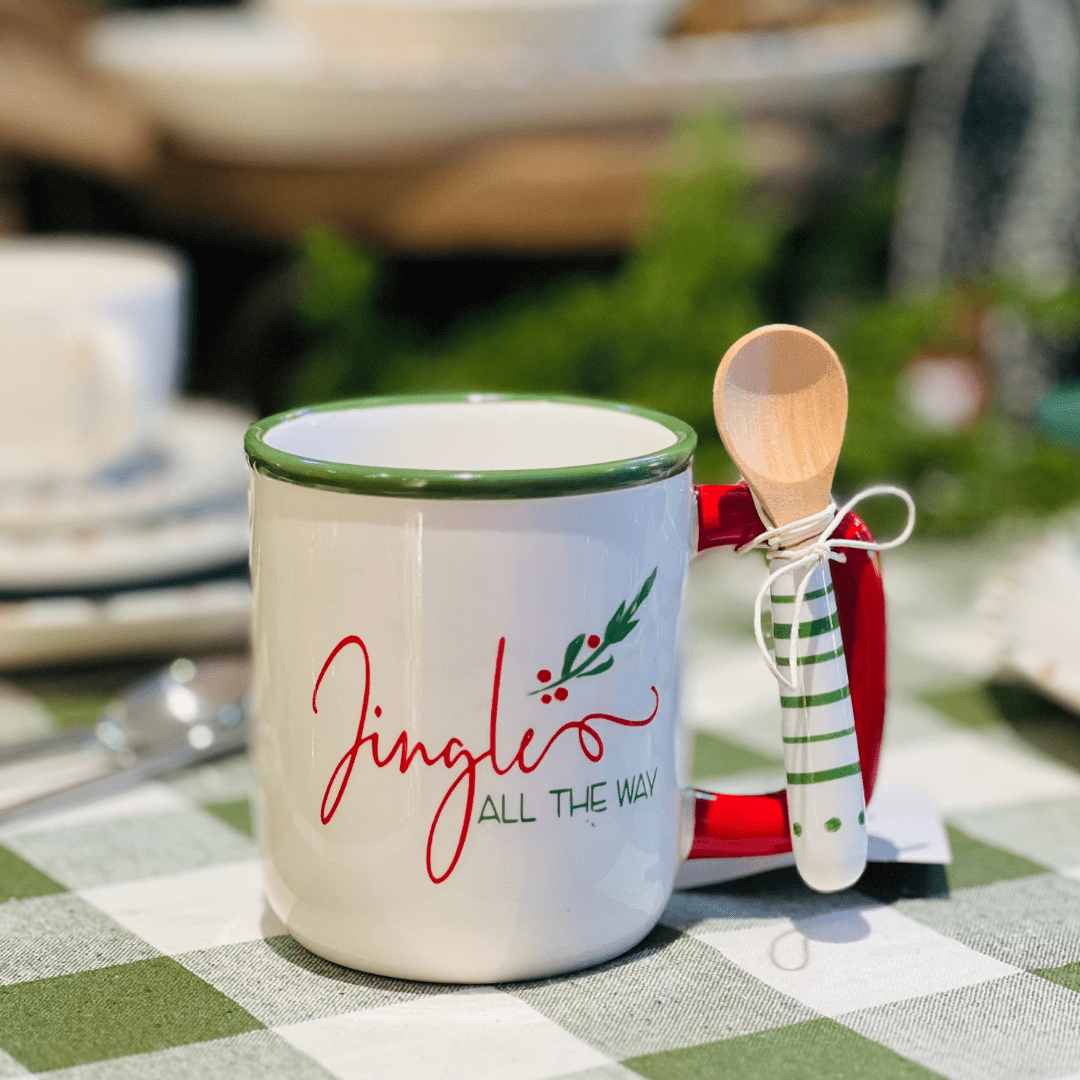 Caneca Natalina de Cerâmica Com Colher Jingle All The Way 500ml 15cm