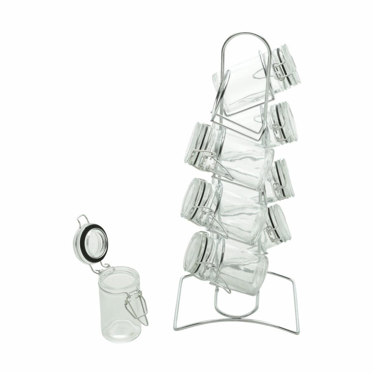 Cj 8 Potes Vidro Borossilicato Com Tampa Hermetica e Suporte de Metal Cromado 65ml